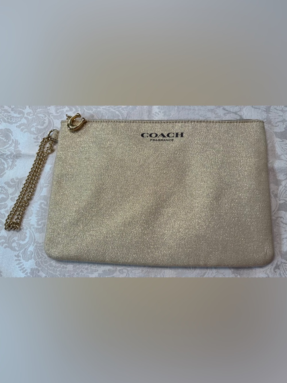 Coach Gold Glitter Wristlet Clutch with Gold Chain Strap and Coach C Charm NWOT